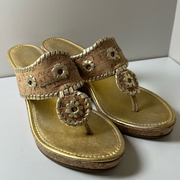 Jack Roger’s Size 8.5 Thong Cork Gold Wedges Like New Summer Vacation Show EUC - Picture 1 of 12